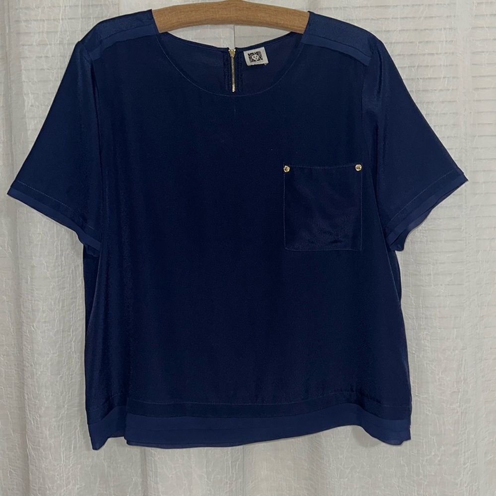 Anne Klein XL Midnight Blue Pop Over Boxy Fit Chiffon Pleated Details Blouse